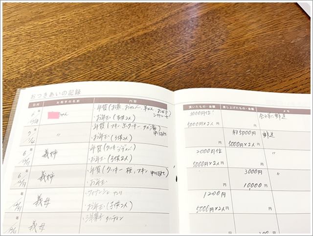 セリアの「おつきあい記録帳」記入例