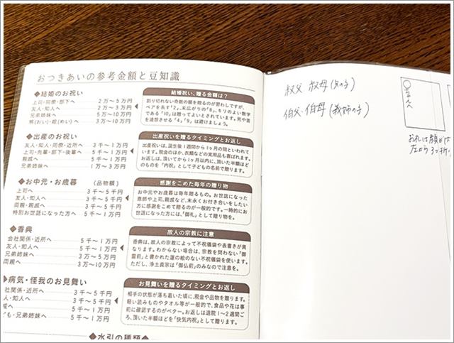 セリアの「おつきあい記録帳」の「おつきあいの参考金額と豆知識」