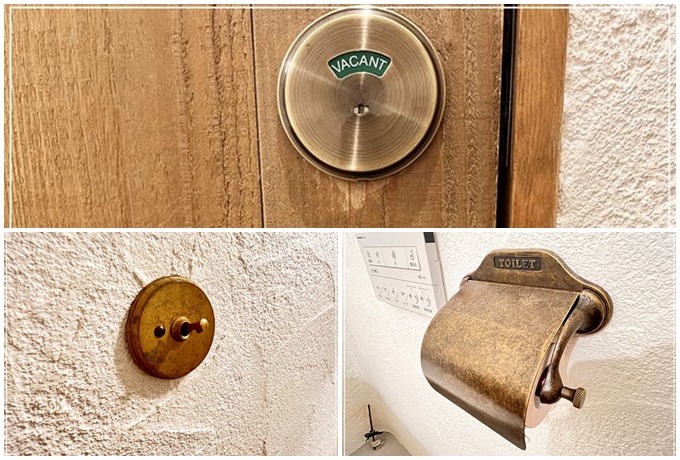 イギリス風カフェ「カームガーデン」のおトイレ。スイッチやトイレットペーパーホルダーなども可愛すぎ